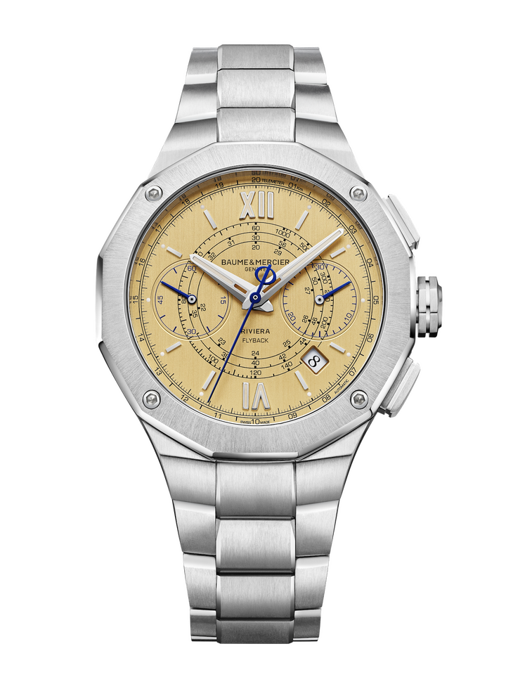 Ce nouveau chronographe flyback de 41 mm de diamètre à l'esthétique vintage est proposé dans une édition limitée à 73 pièces, en hommage à l'année de lancement de la collection Riviera en 1973. Le fin tracé concentrique des sous-cadrans du chronographe, du télémètre et du tachymètre est bordé par les chiffres romains et les index rivetés et rhodiés enduits de Superluminova beige.